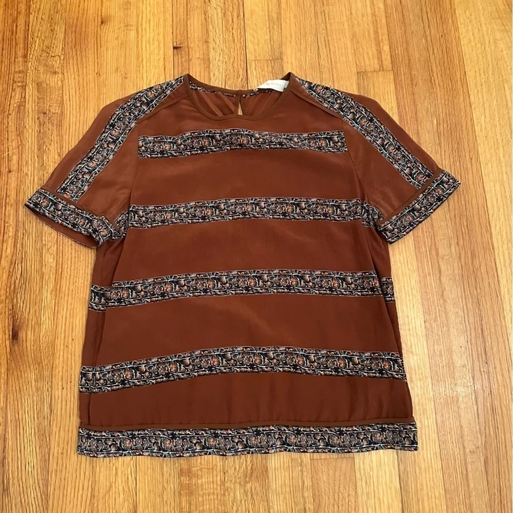 Tory Burch SILK Rust Brown Striped Floral Pattern tee Boho Size 4 (#)